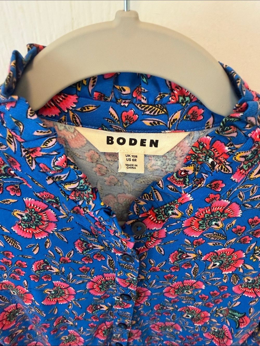 Boden Willow Frill Shirt Dress in a vibrant blue floral pattern. - Picture 2 of 6